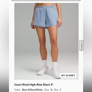 Lululemon Court Rival HR Short 3” - Blue Willow Sz 6